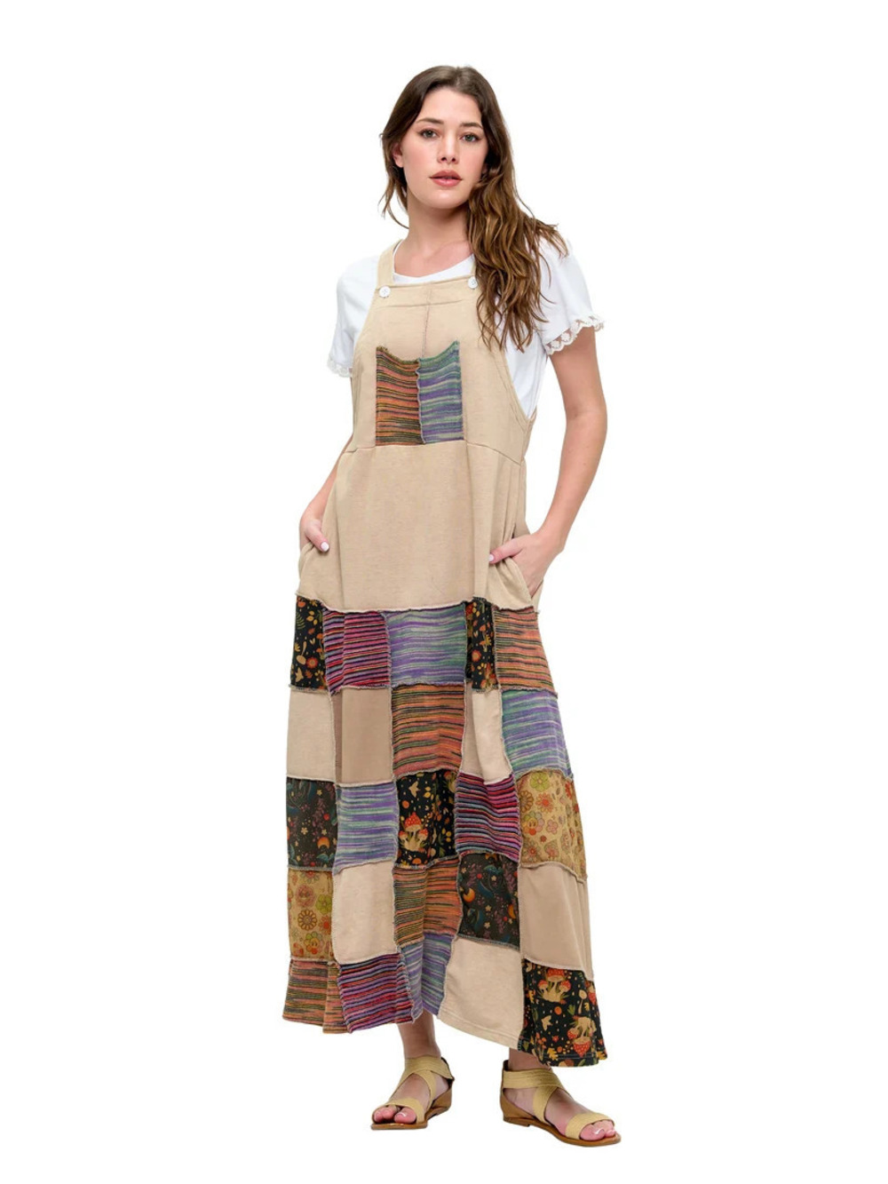 26850 Tan | Yak & Yeti Whimsical Patchwork Overall Maxi Dress | Sizes S/M-L/XL